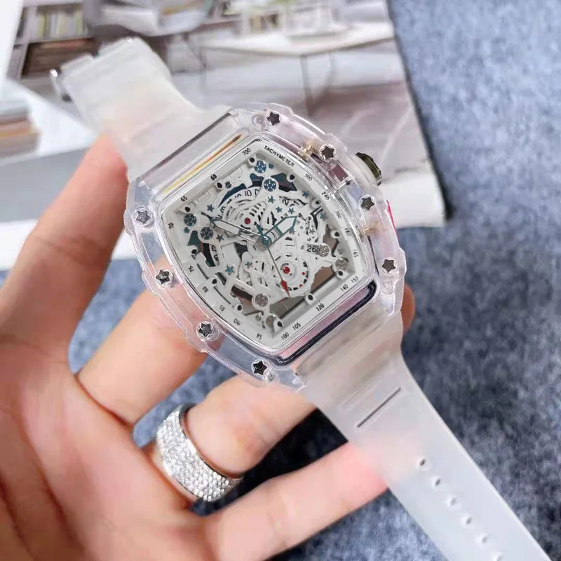 Luxury Watch Rubber Strap - Tonneau Fashion Quartz Watch Men Transparent