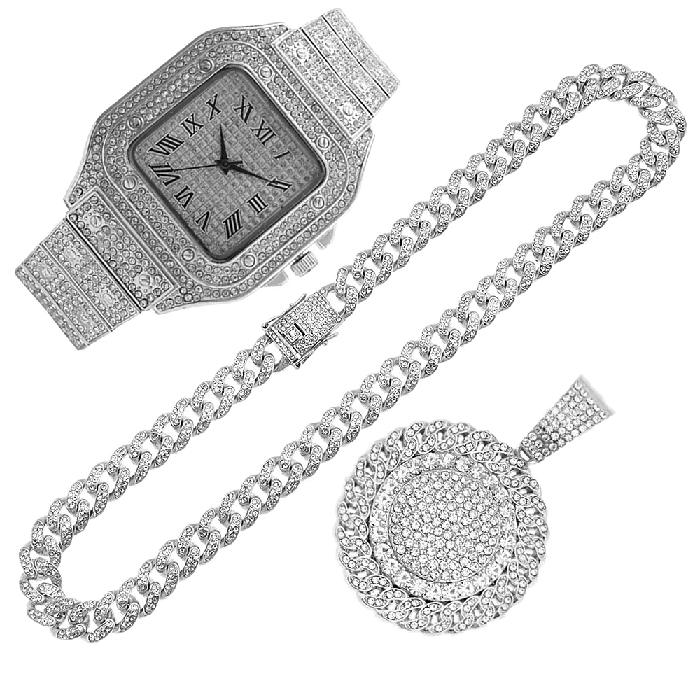 2pcs Iced Out Watches Necklace - Luxury Watch Miami ulasan dan harga