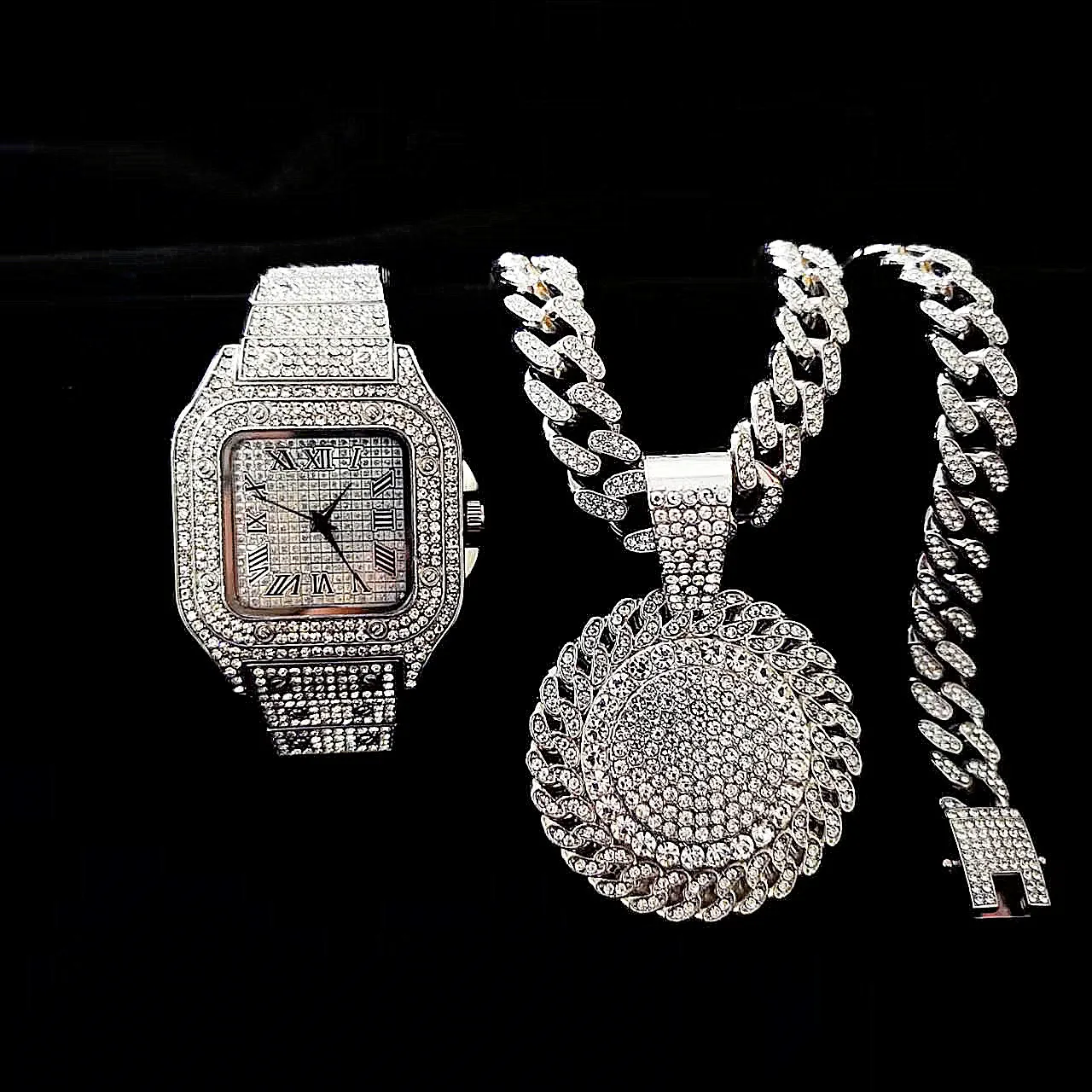 2pcs Iced Out Watches Necklace - Luxury Watch Miami ulasan dan harga