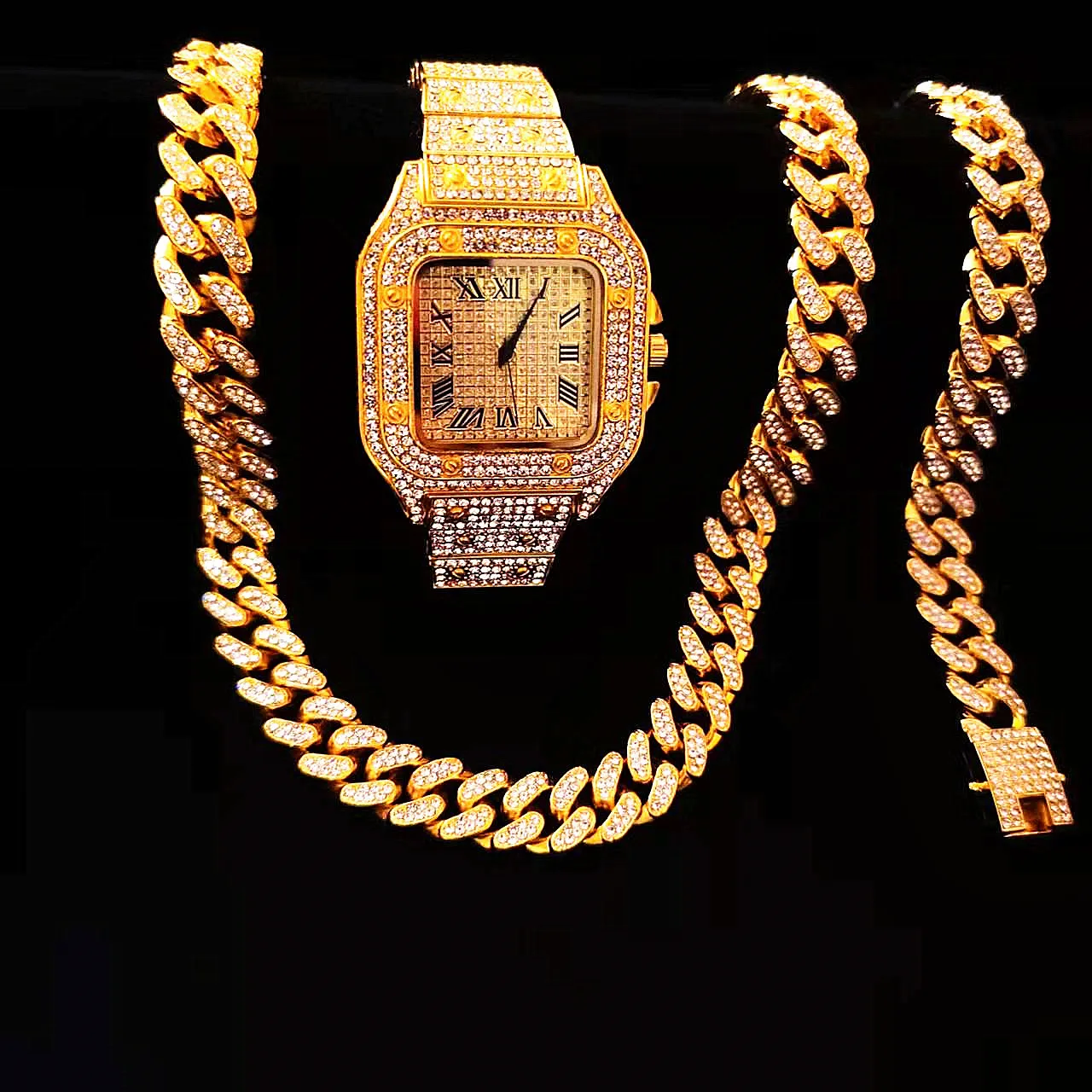 2pcs Iced Out Watches Necklace - Luxury Watch Miami ulasan dan harga